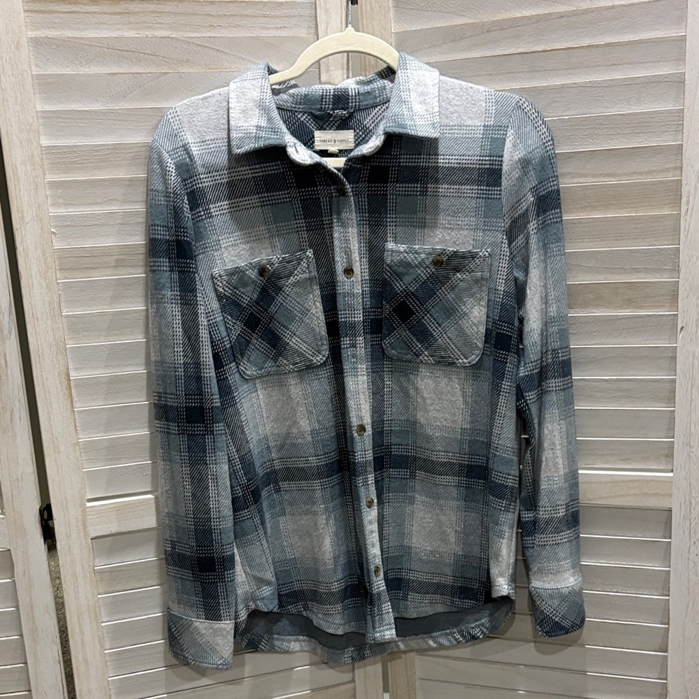 Thread & Supply Gray and Blue Plaid Shirt